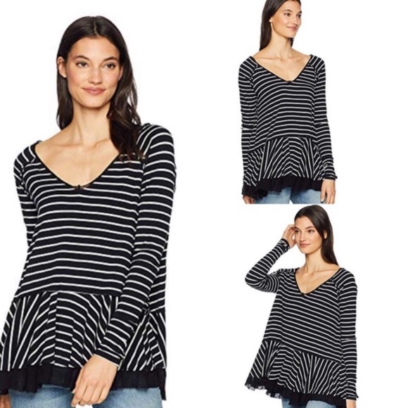 Free People Tops - Free People We The Free Striped Ruffle Bottom Blouse Size L Thumb Holes raw hem
